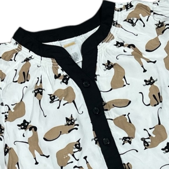 Gymboree Girls Size 7 Retro Cat Print Button Down Shirt White Black Tan - Picture 5 of 6